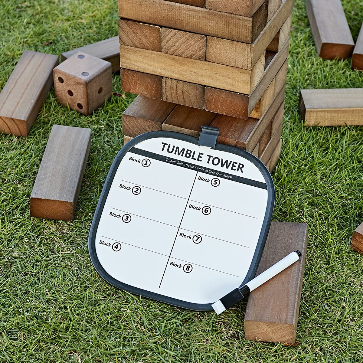ApudArmis giant tumble tower with the white scoreboard